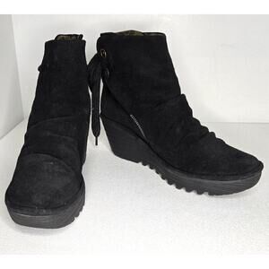 Fly London Yama Suede Lace Up Wedge Ankle Boots Black Women EU 39 US 8-8.5